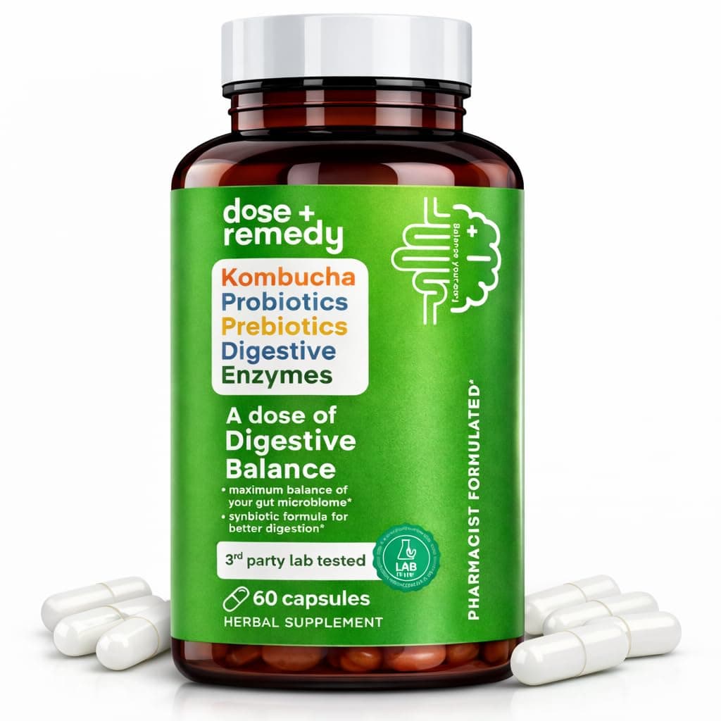 A dose of Digestive Balance-Gut Health Supplement-USDA-Kombucha, 7 Probiotic Strains and Prebiotics for Microbiome-Digestive Enzymes for Digestion-Bloating Relief for Women and Men (60 Count)