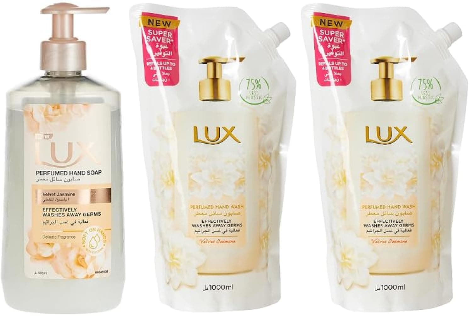 LUX Perfumed Liquid Hand Wash & Refill Pouch for all skin types, Velvet Jasmine, glycerin enriched liquid soap, 1000ml x 2 + 500ml