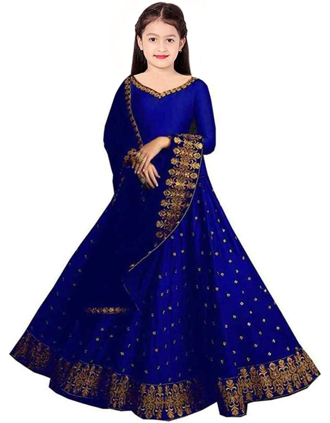 F Plus Fashion Girl's Satin Semi-Stitched Lehenga Choli (WW_K_Blue_Kohinoor_(3-4)_Blue_3-4 Years)