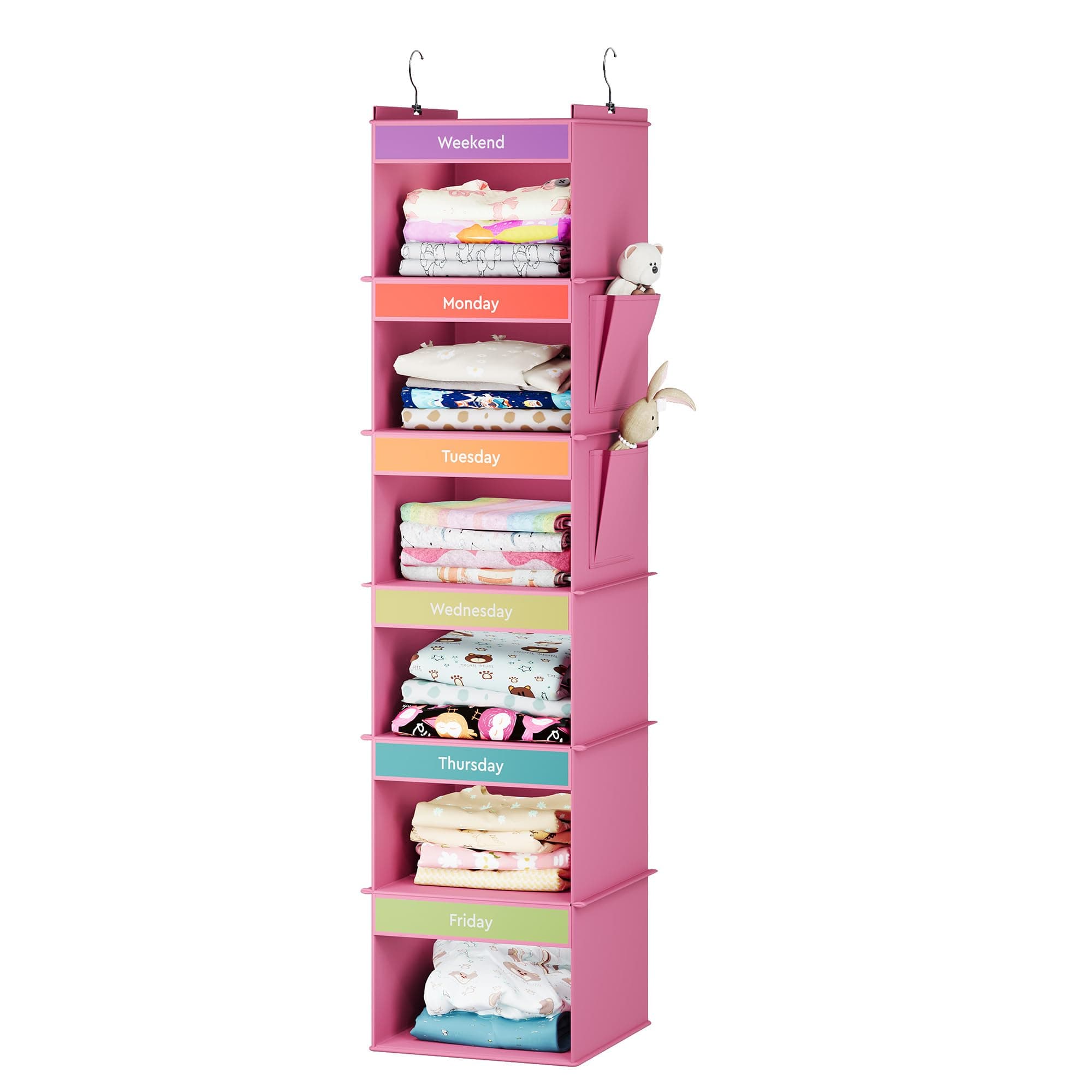 YOUDENOVA 6-Shelf Weekly Hanging Closet Organizer, Weekly Clothes Organizers for Kids with 2 Side Pockets, Pink