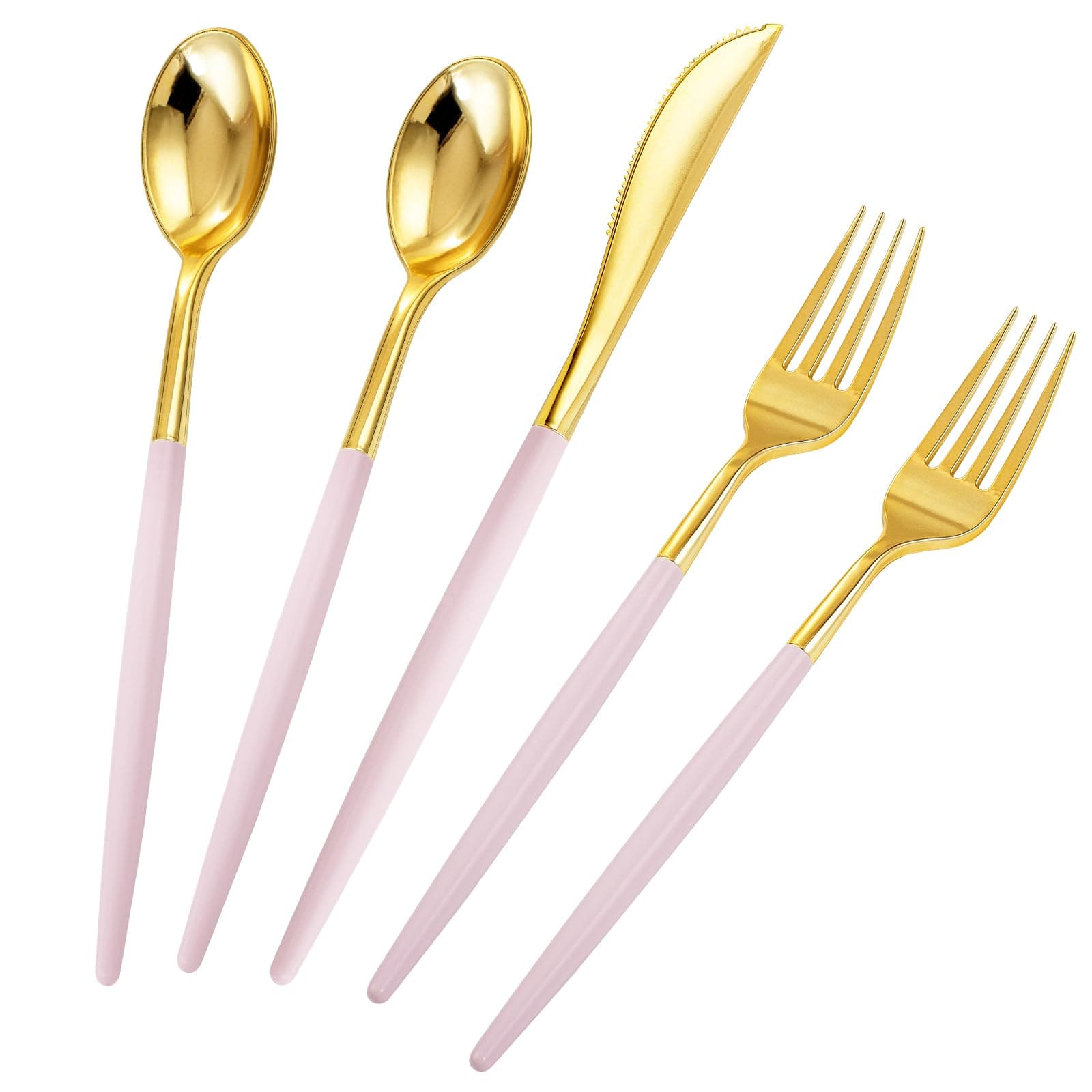 90Pcs Gold Plastic Silverware, Valentine's Day Utensils Set With Pink Handles Include 30 Gold Knives, 60Plastic Forks and Spoons, Pink Silverware Heavy Duty For Mother's Day