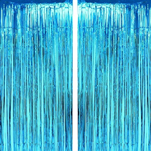 Blue Tinsel Foil Fringe Curtains - Under The Sea Ocean Theme Birthday Baby Shower Wedding Anniversary Graduation Bridal Shower New Years Party Decor Photo Booth Backdrops Decorations