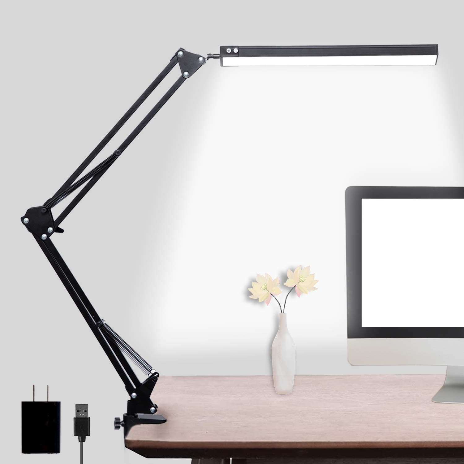 LED Desk Lamp, Adjustable Swing Arm Lamp with Clamp, Eye-Caring Reading Desk Light, 10 Brightness Levels, 3 Lighting Modes, Memory Function Desk Lamps for Home Office with Adapter (Black)