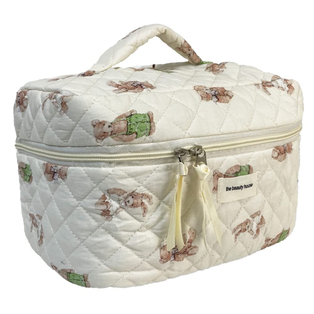 Cotton Makeup Bag Large Travel Cosmetic Bag Quilted Cosmetic Pouch Coquette Aesthetic Floral Toiletry Bag Small Cute Travel Cosmetic Bags for Women Girls Zipper Pouch Makeup Organizer, Bear Big, Zipper