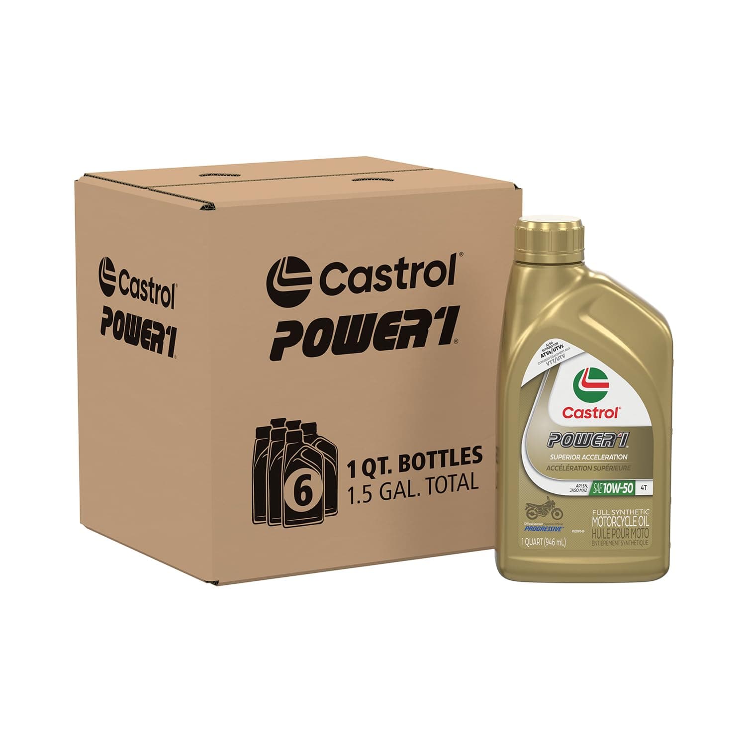 06114 Power1 10W-50 Synthetic 4T Motorcycle Oil - 1 Quart Bottle, (Pack of 6)