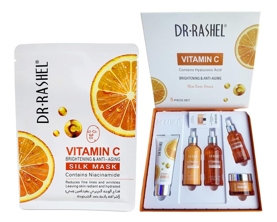 Dr Rashel Vitamin C Skin Care Series , Contains Hyaluronic Acid, Anti Aging and Collagen Essence ( Pack Of 5 Piece Set ) + 1 Pcs of Vitamin C Silk Mask