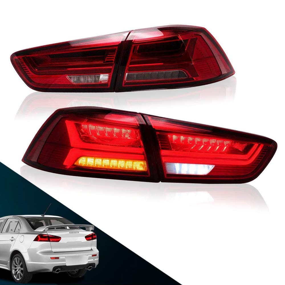 MICROPOWER LED Tail Lights for Mitsubishi Lancer EVO 2008-2017,Modified Rear Lamp with Sequential and Full LED DRL,Driver and Passenger Side (Red Clear)