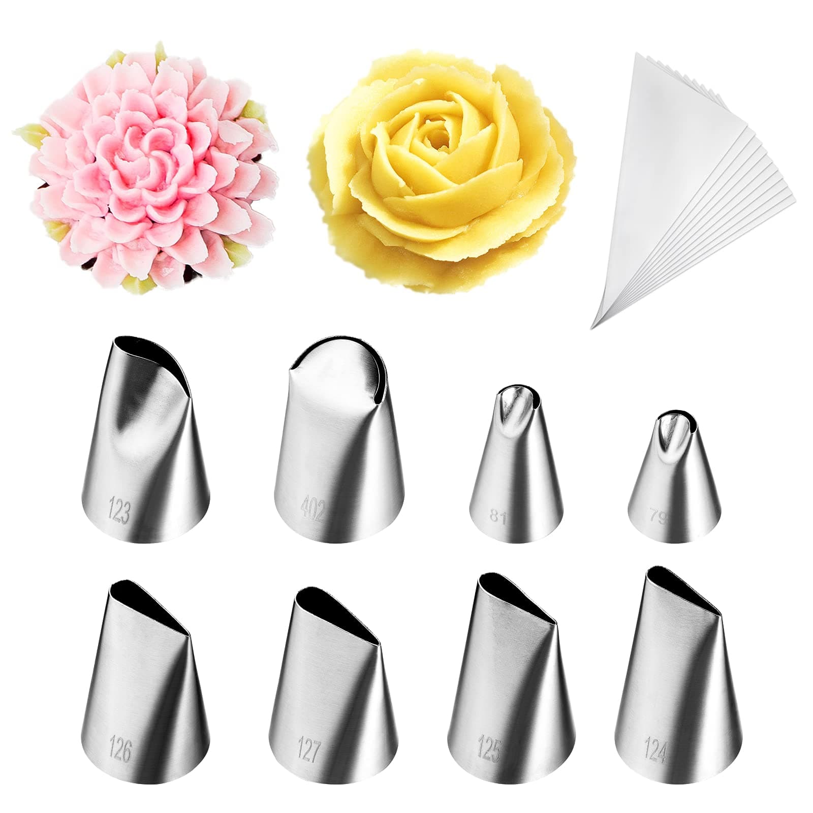 8 Pcs Rose Flower Piping Tips Set,Petal Icing Tips with 10 Pcs Disposable Piping Bags for Cake Decorating