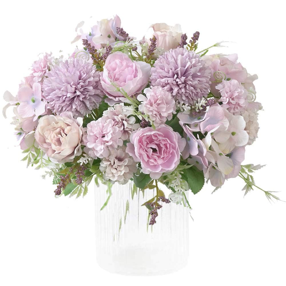 KIRIFLY Artificial Flowers, Fake Peony Silk Hydrangea Bouquet Decor Plastic Carnations Realistic Flower Arrangements Wedding Decoration Table Centerpieces (Light Purple)