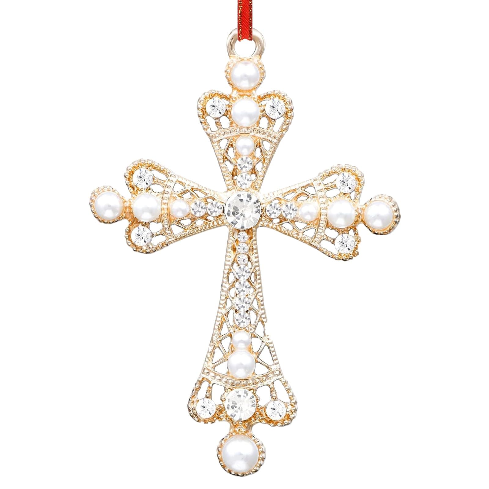 Metal Cross Ornaments for Christmas Tree Decorations White Pearl Cross Christian Ornaments Religious Keepsake Ornament Nativity Ornament Keepsake Gifts for Women Girls Sister Kids