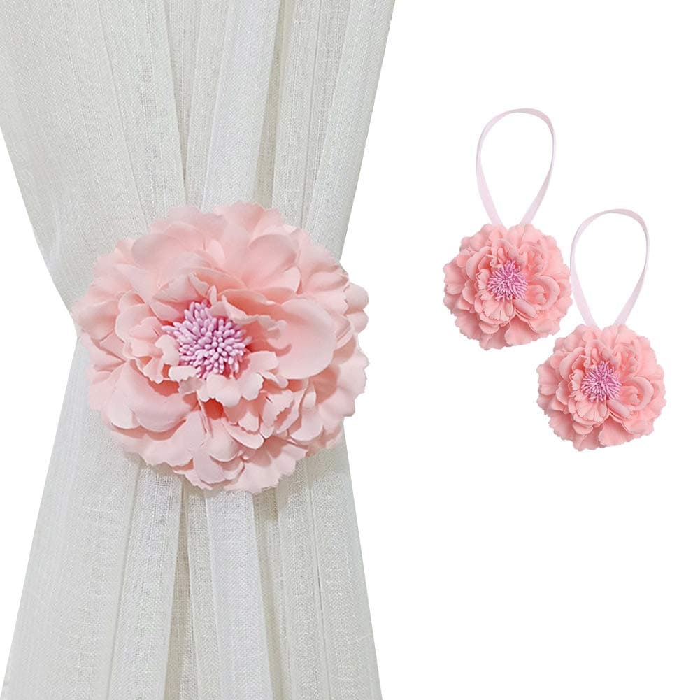 2 Piece Large Cloth Flower Magnetic Curtain Tieback Wedding Decorative Holdbacks Rope American Rustic Style Drapery Holder Clip for Girl's Room (Pink)