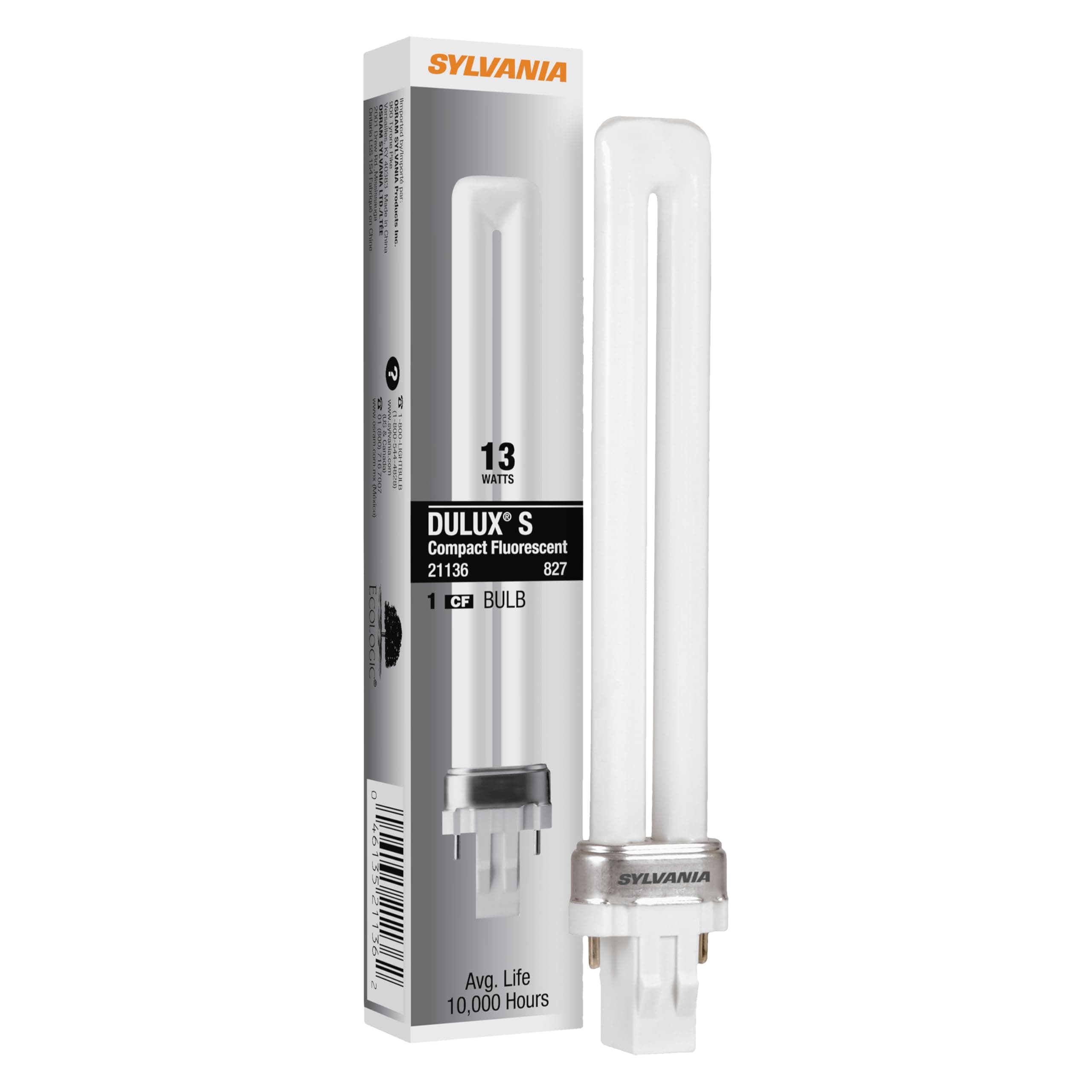 Sylvania DULUX 13W Single Compact Fluorescent Lamp, GX23 2-Pin Base, 800 LMS, Frosted Glass, 2700K, Soft White - 1 Pack (21136)