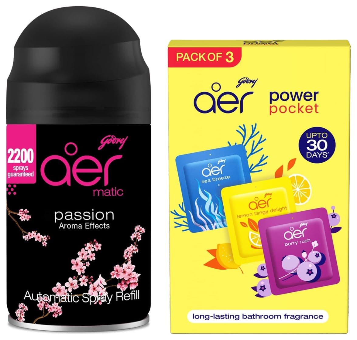Matic Refill - Automatic Room Fresheners | Passion | 2200 Sprays Guaranteed (225ml) & Godrej Aer Power Pocket| Assorted Pack of 3 (30g)