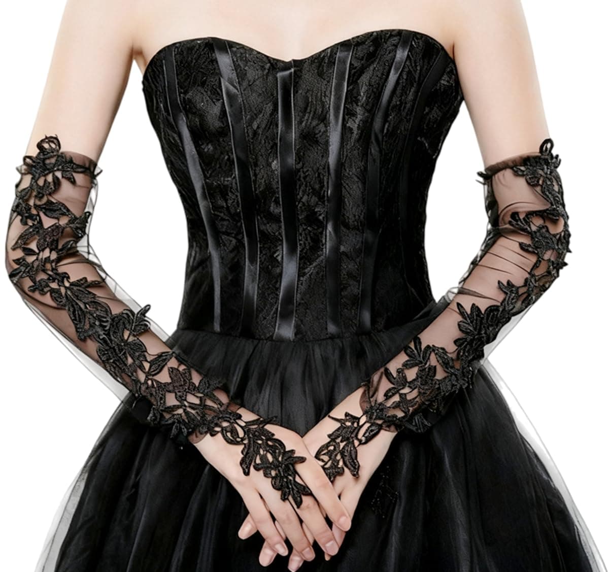 Women's Long Lace Fingerless Gloves Sheer Mesh Tulle Elbow Length Gloves for Bridal Wedding Party Prom Dance Opera