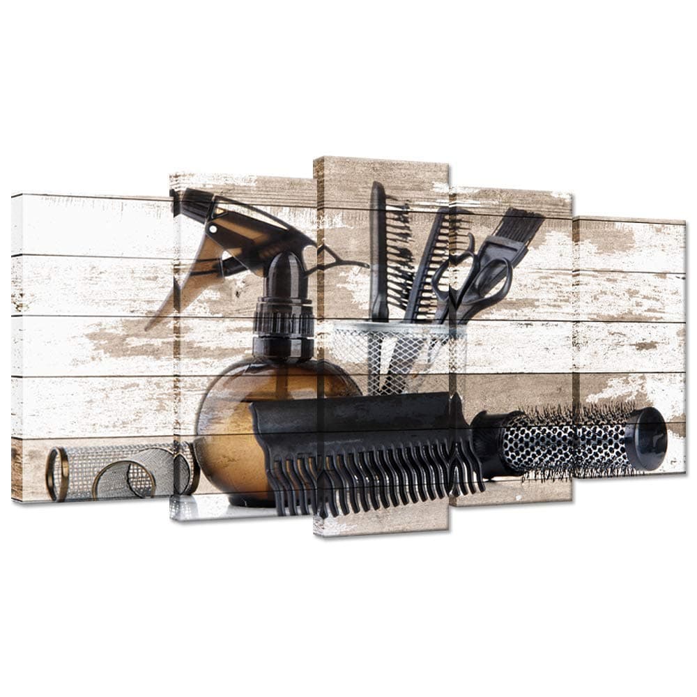 iHAPPYWALL Large 5 Pieces Vintage Barber Shop Wall Art Hair Salon Tools Set Great Gift Hair Stylists Picture Print for Home Bedroom Decor Ready to Hang
