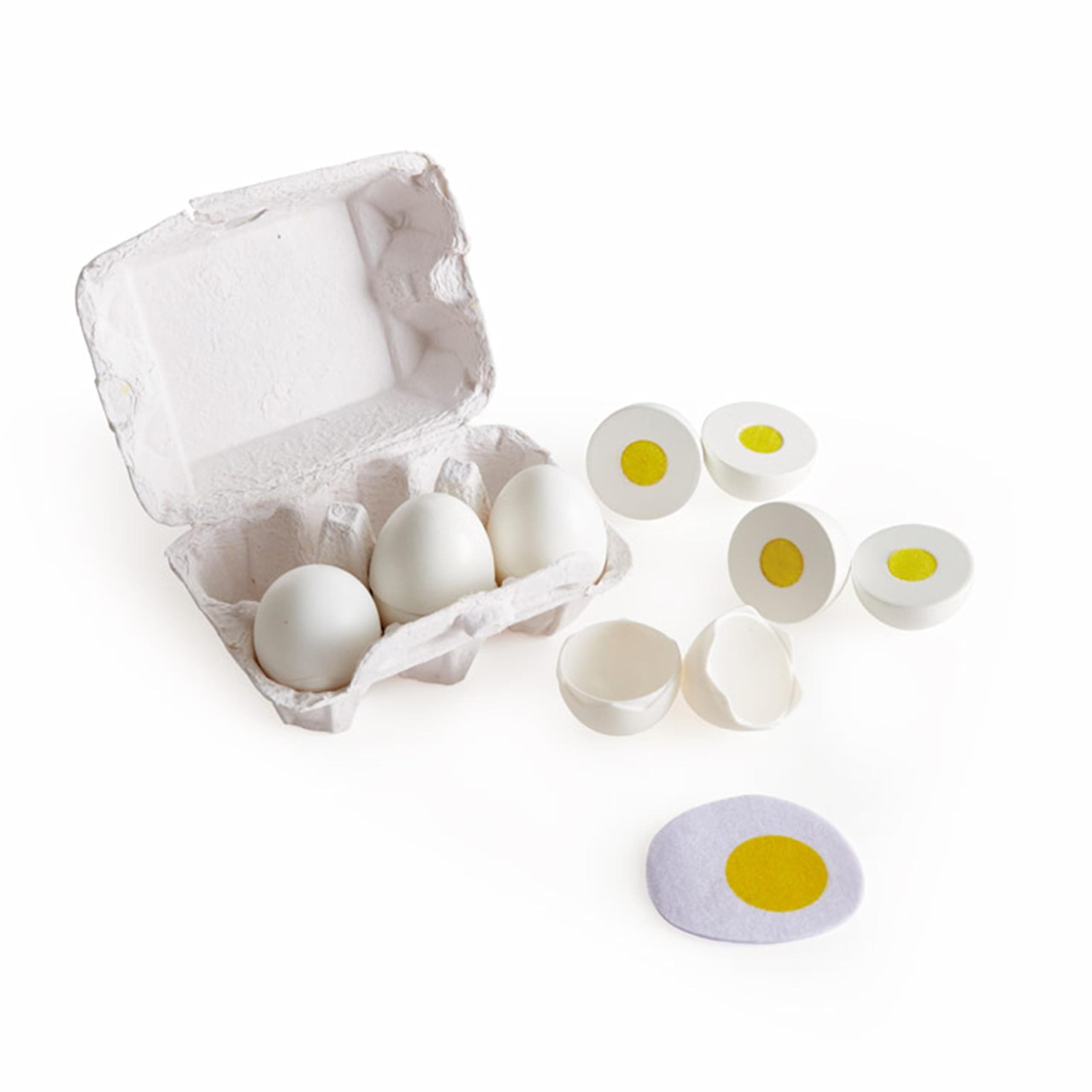 Egg Carton | 3 Hard-Boiled Eggs with Easy-Peel Shell & 3 Fried Eggs, Wooden Realistic Educational Toy for Children 3+