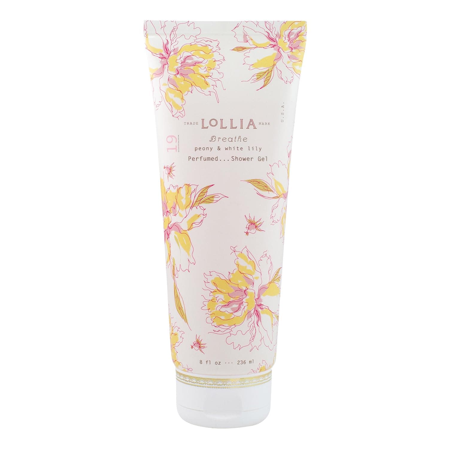LOLLIA Breathe Shower Gel, 8 fl oz, Peony & White Lily, Luxury Shea Moisture Hydrating Women's Body Wash, Delicate & Relaxing Scented Bath Soap for Self Care