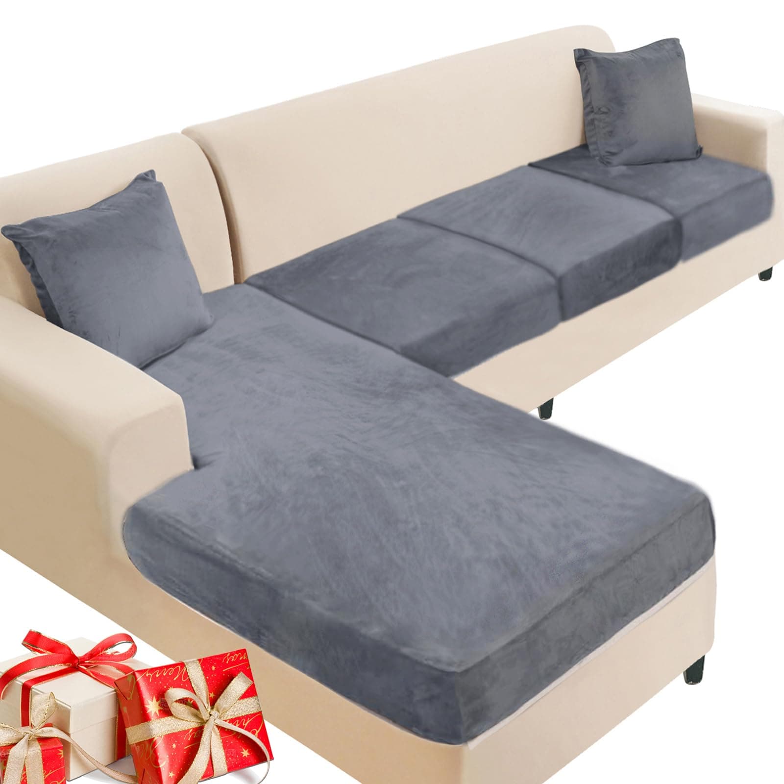 NAISI Sectional Couch Cover 4 Pieces Velvet Separate Couch Cushion Covers L Shape Soft Stretch Sofa Slipcovers with 2pcs Pillowcases for Left/Right Chaise Sectional Couch(3 Seater+1 Chaise,Dark Grey)
