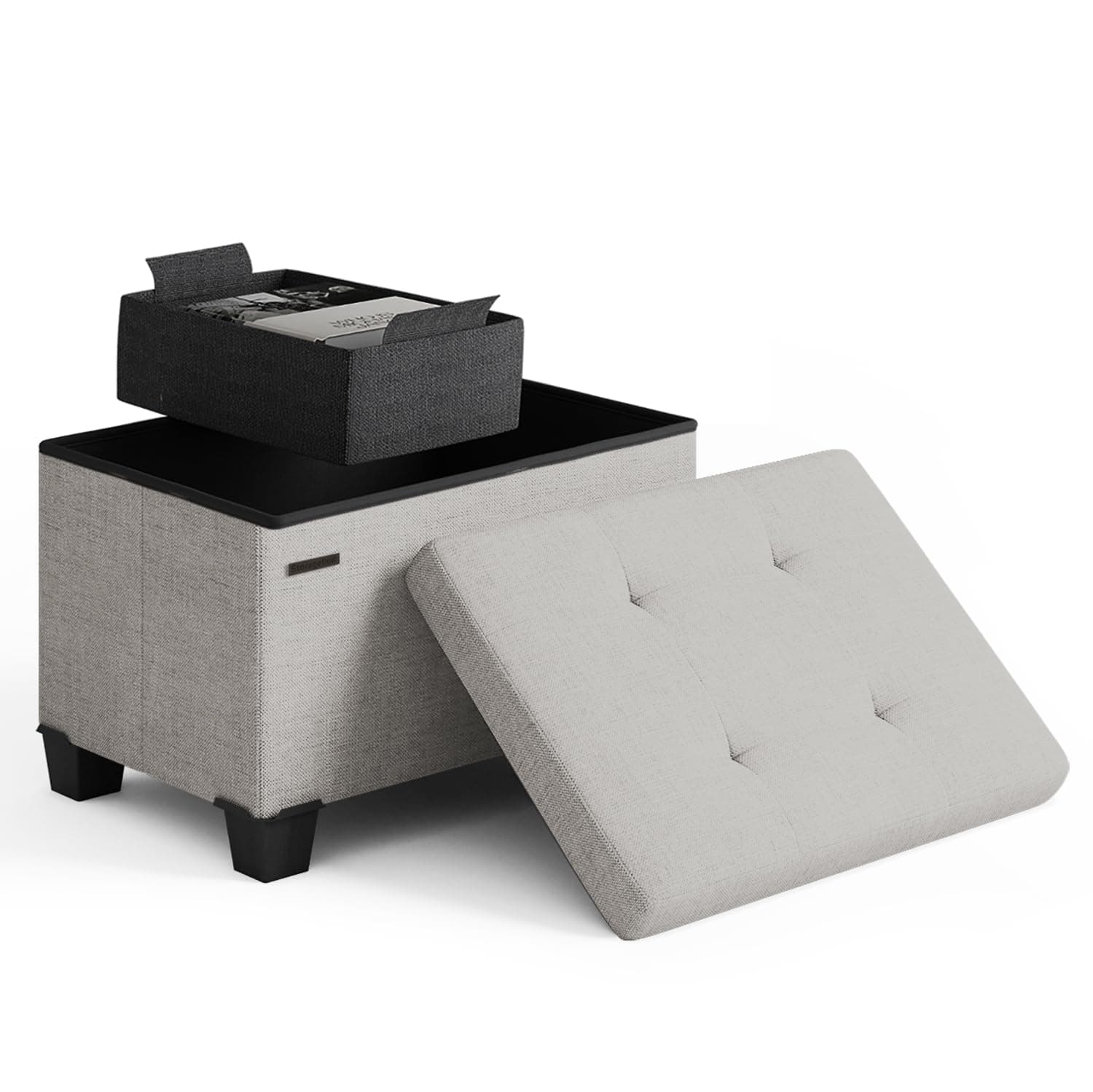 STORAGEBUD Storage Ottoman Cube with Small Bin, 16-in Square Ottoman with Storage for Living Room and Bedroom, Small Ottomans Foot Rest, Fabric Foot Stools Ottomans Max 330lbs, Light Grey