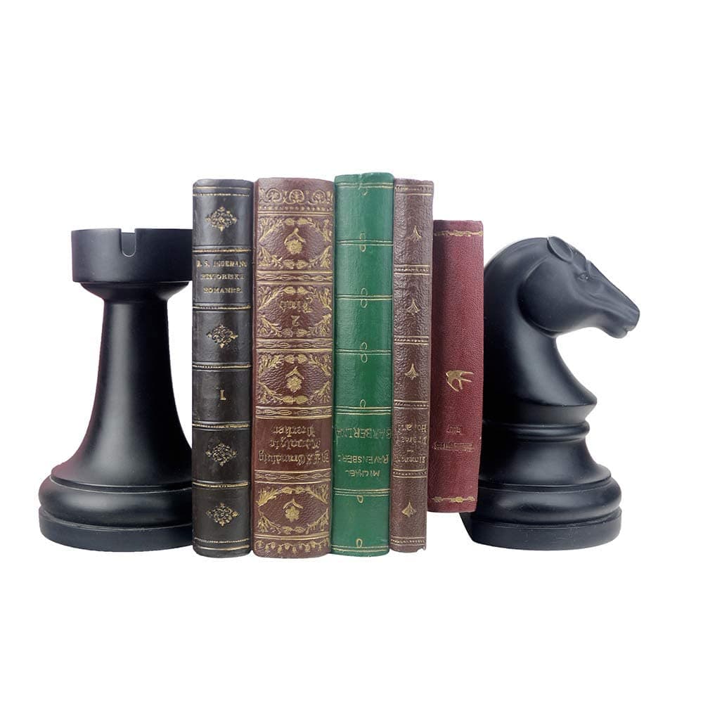 jinhuoba Decorative Bookends Chess Bookends, Black Book Ends Heavy Book Supports, Unique Bookends Decor for Office Home Desk Bookrack, 7"(L) x4(W) x7(H), 1Pair/2Piece