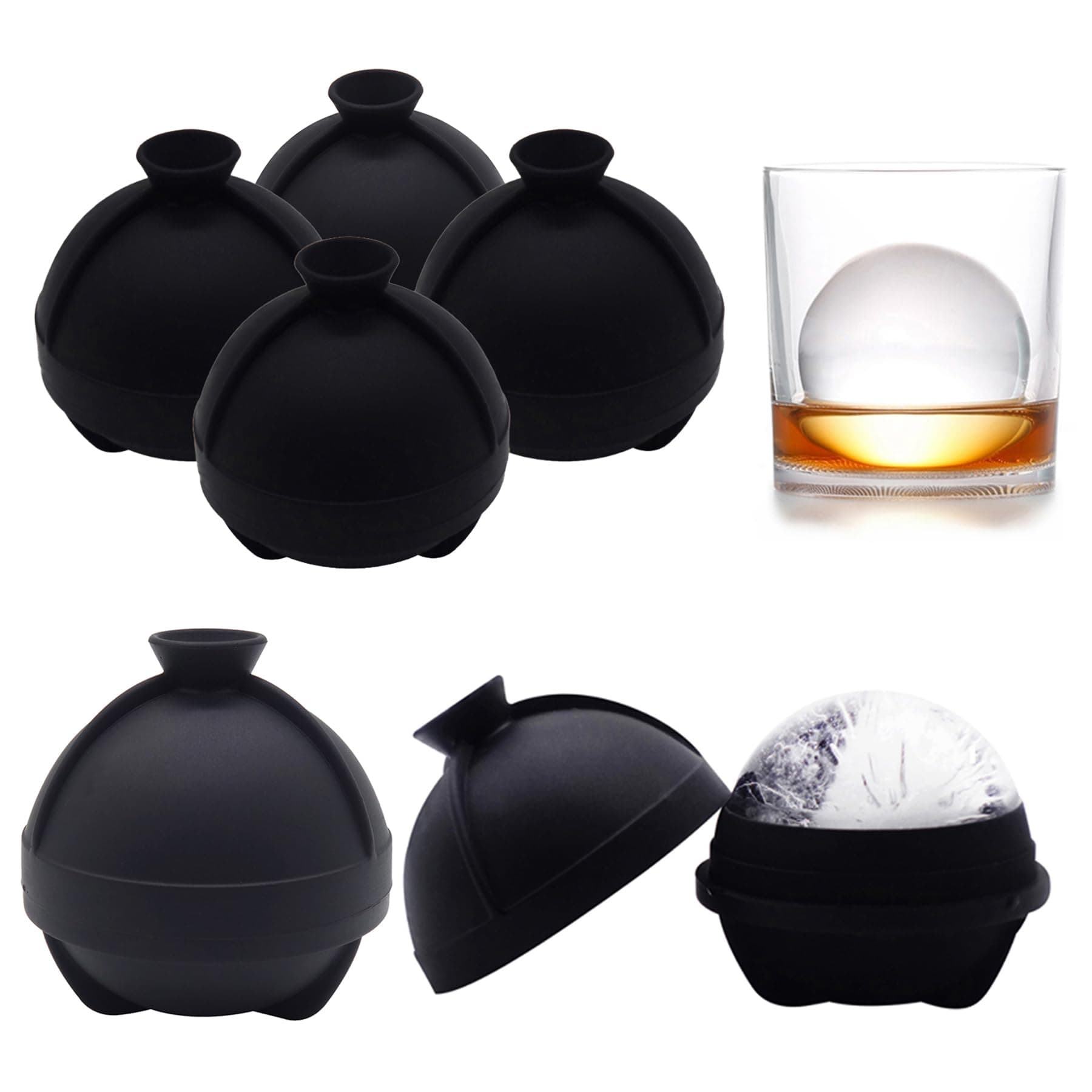 Sphere Ice Molds - 6 Pack - Silicone Ice Ball Molds with Built-in Funnel - Round Ice Cube Molds - Make 2.5 Inch Big Ice Sphere for Whiskey & Cocktails,Food Grade and BPA Free, Black