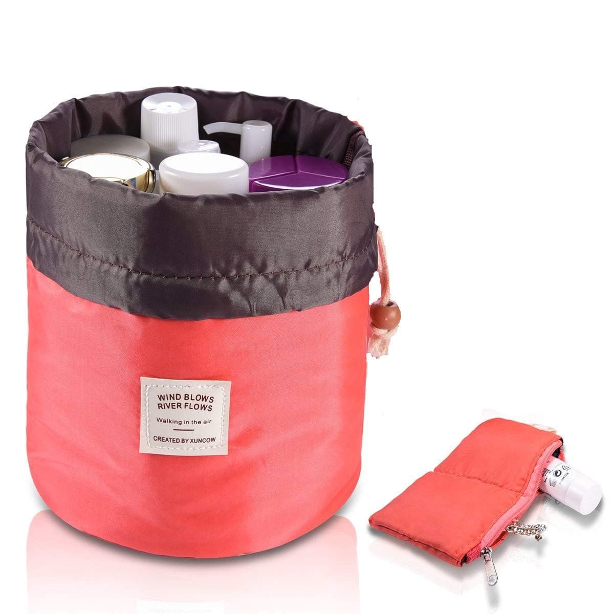 Travel Cosmetic Bags Barrel Makeup Bag,Women&Girls Portable Foldable Cases,EUOW Multifunctional Toiletry Bucket Bags Round Organizer Storage Pocket Soft Collapsible(Rosered)