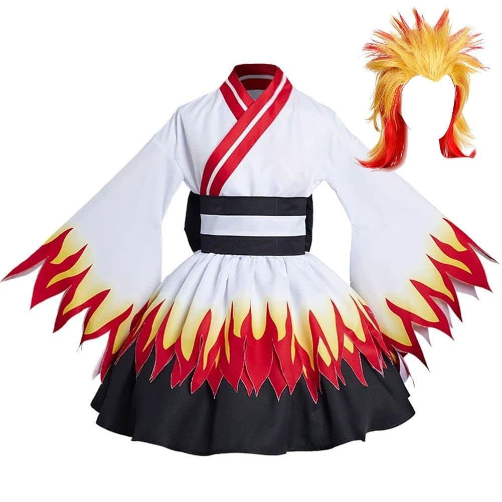 Rengoku Cosplay Dress Zenitsu Cosplay Maid Dress Kimono Dress with Wig