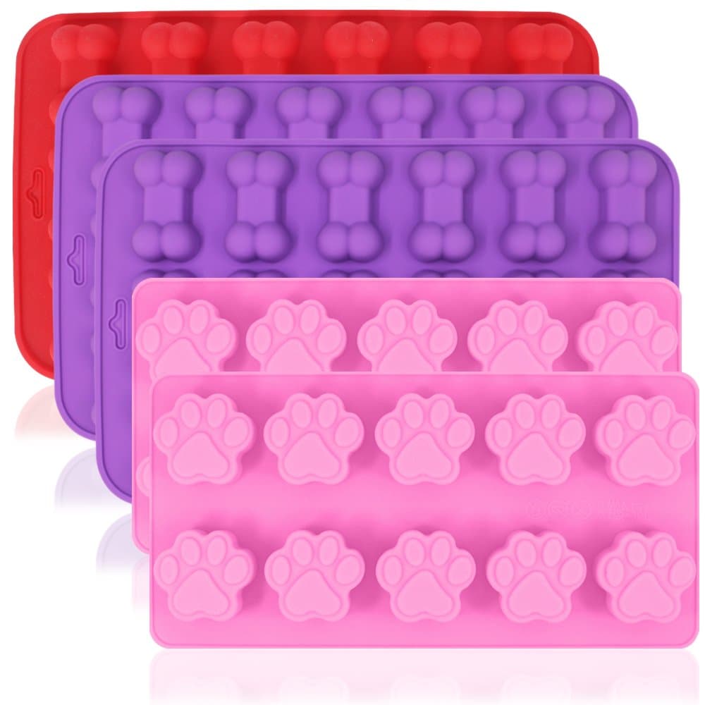 Dog Paw and Bone Shaped Silicone Molds, 5 Pcs Food Grade Puppy Treat Trays, Reusable Bakeware for Baking Chocolate Candy Jelly, Oven Microwave Freezer Dishwasher Safe -Pink, Purple, Red