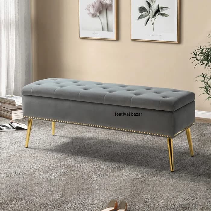 Upholstered Flip Top Storage Bench for Living Room| Storage Bench in Golden Steel Legs (Grey)
