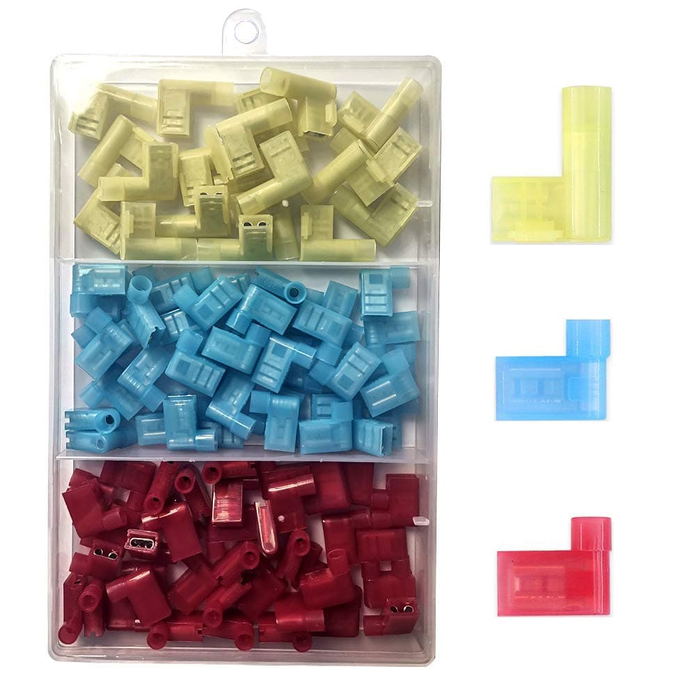 Gebildet 100pcs 90 Degree Nylon Insulated Flag Terminal Female, F Type Wire Crimp Electrical Connector, Full Insulated Female Push On Wire Terminal 12-10 AWG/ 22-14 AWG (Red 40, Blue 40, Yellow 20)