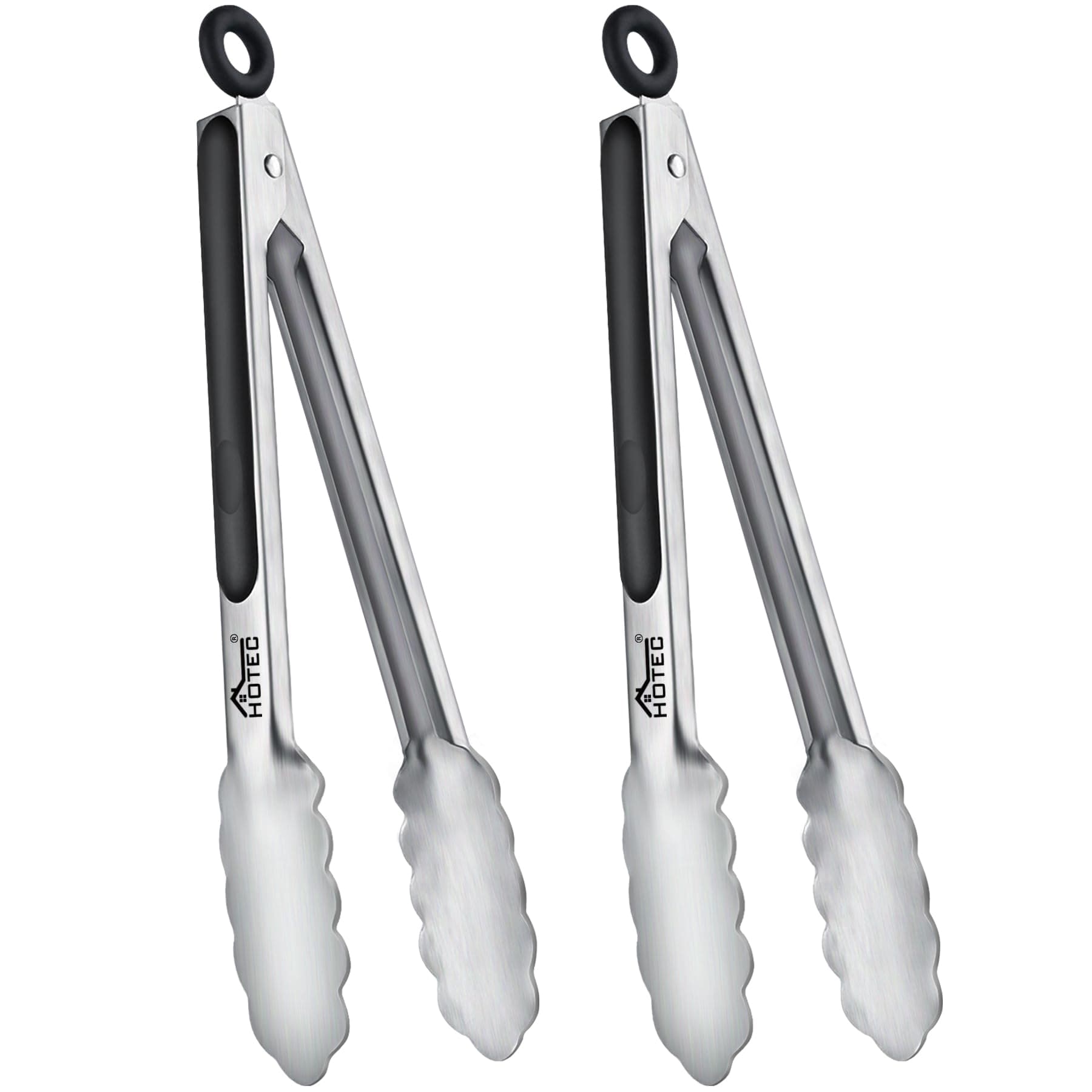 HOTEC Stainless Steel Kitchen Tongs Set of 2-9 inch, Locking Metal Food Cooking Tongs Non-Slip Grip (Black)