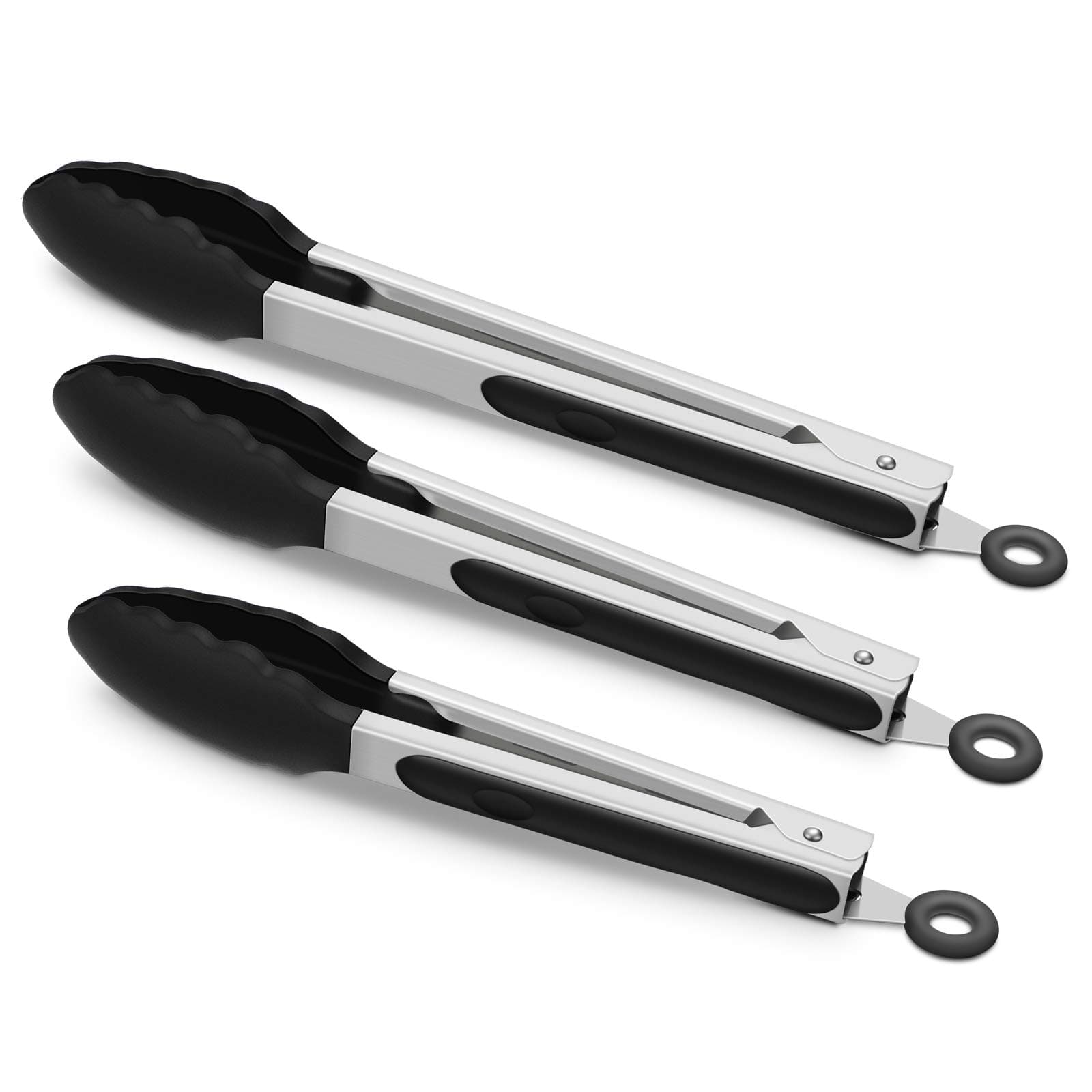 3 Pack Black Kitchen Tongs, Premium Silicone BPA Free Non-Stick Stainless Steel BBQ Cooking Grilling Locking Food Tongs, 9-Inch 10-Inch & 12-Inch