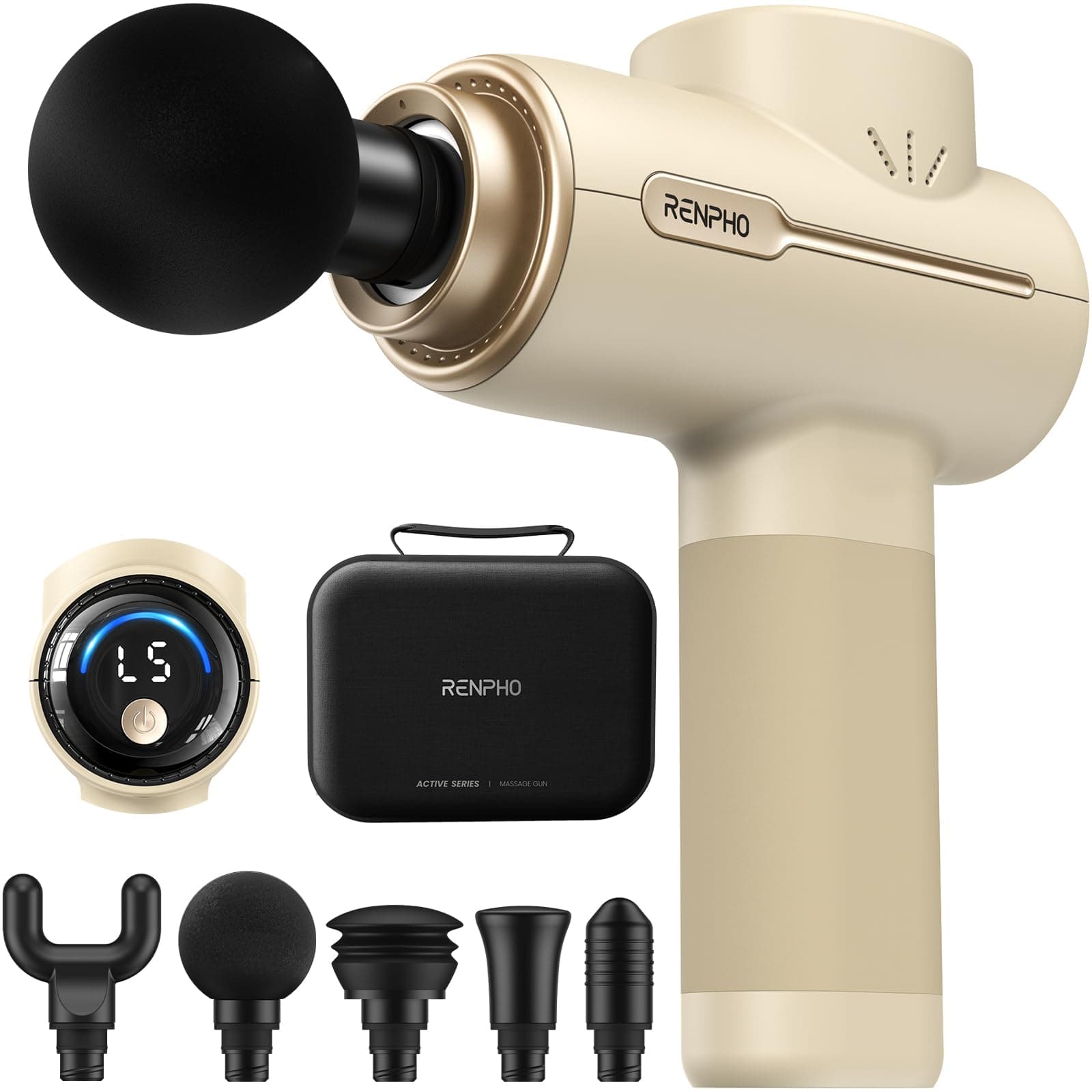RENPHO Active Massage Gun, Mothers Day Gifts, Deep Tissue Percussion Back Massager for Neck, FSA Approved, Portable Handheld Massager with 5 Speeds, HSA, 5 Attachments, Carry Case, Beige