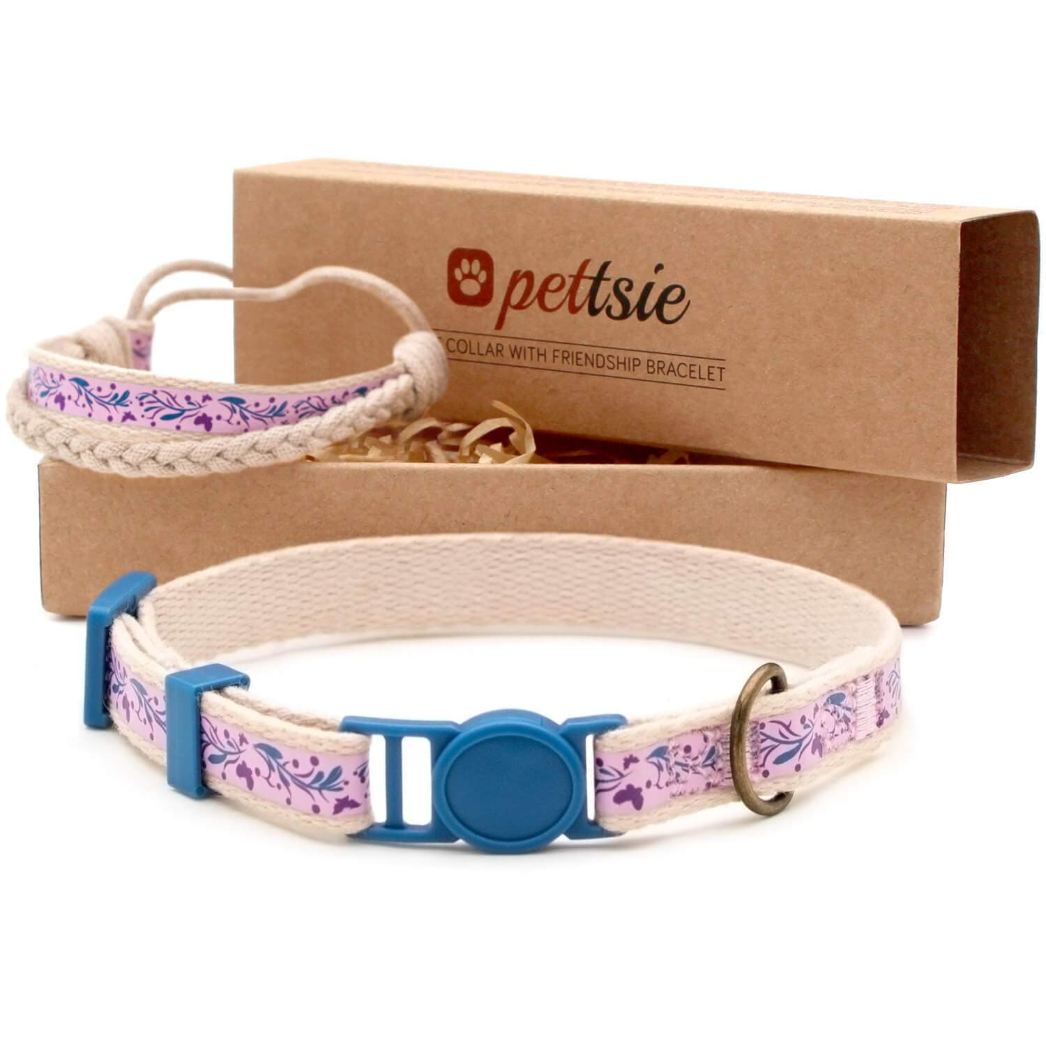 Pettsie Breakaway Cat Collar & Matching Friendship Bracelet – Adjustable, Soft Cotton Collar for Cats, Quick-Release Safety Buckle, Lightweight, Stylish, Anti-Lost ID Tag, Purple