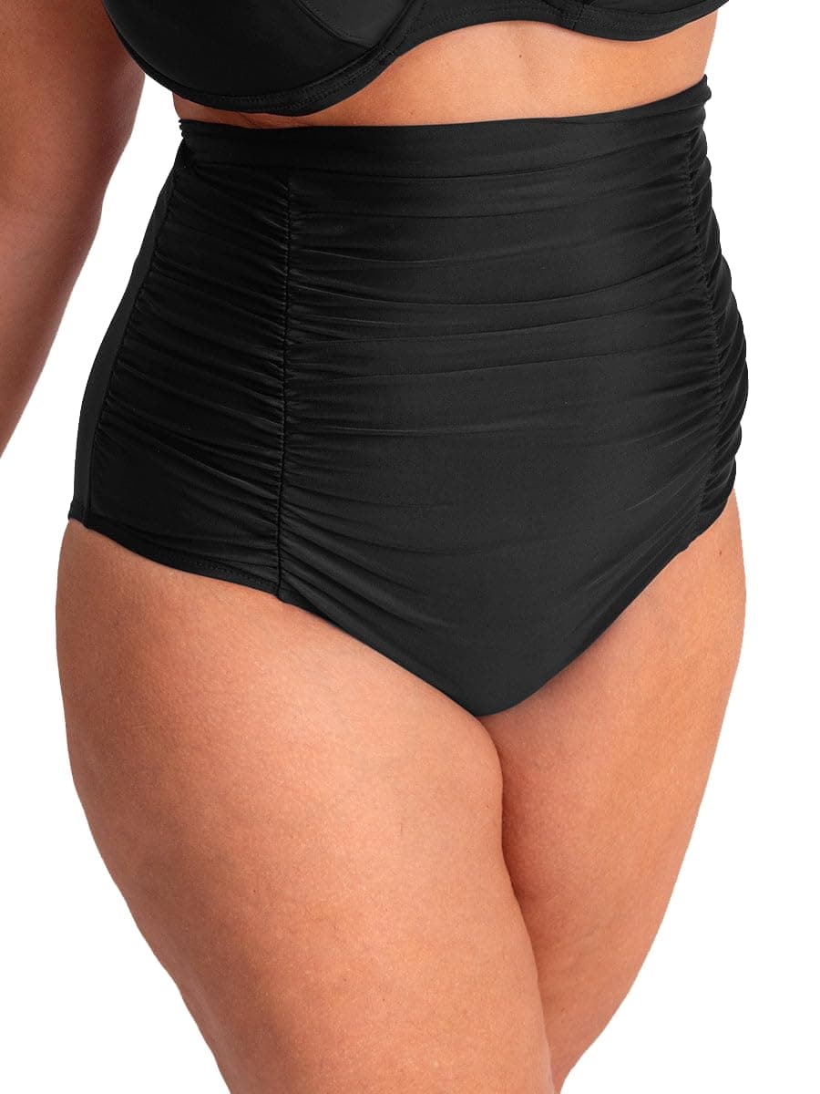 Women Ruched High Waisted Bikini Bottom Swimsuit, Tummy Control Full Coverage Swimwear, Small to Plus Size, Black, Medium