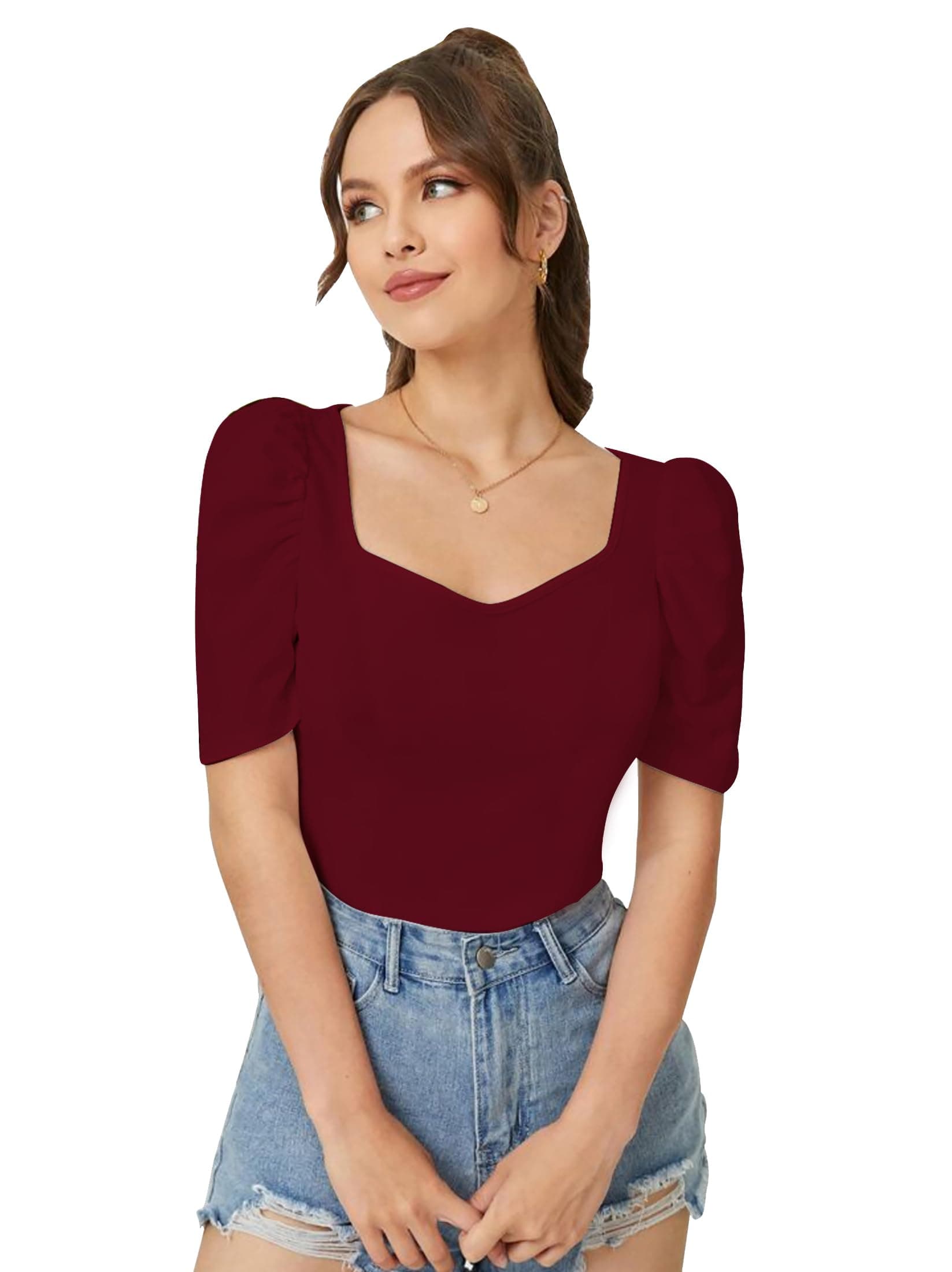 Women's Sweet Heart Neck Balloon/Puff Bishop Sleeve Elegant Casual Tee Top, 23" inches (BZF-Top Mantos-01)