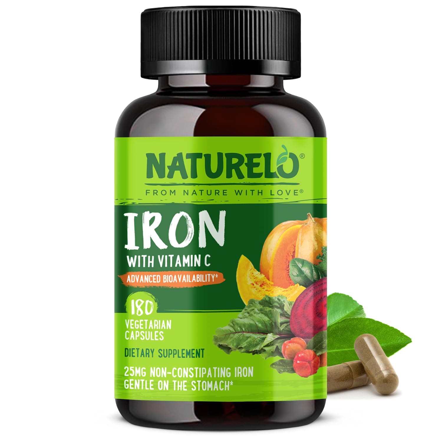 Vegan Iron Supplement with Vitamin C and Organic Whole Foods - Gentle Iron Pills for Women & Men with Iron Deficiency Including Pregnancy, Anemia and Vegan Diets - 180 Mini Capsules