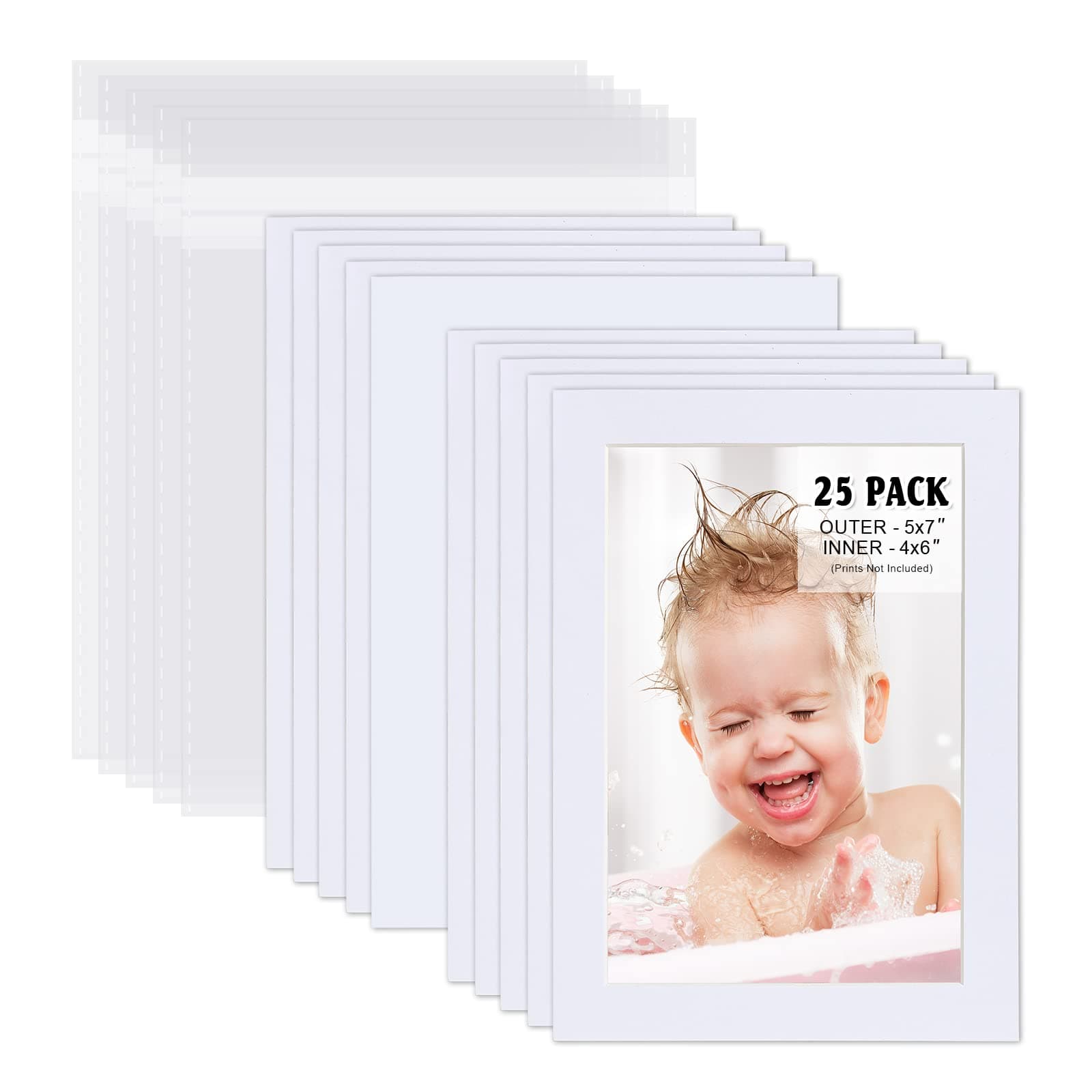 Egofine Pack of 25 White Pre-Cut 5x7 Picture Mat for 4x6 Photo with White Core Bevel Cut Mattes Sets. Includes 25 High Premier Acid Free Mats & 25 Backing Board & 25 Clear Bags