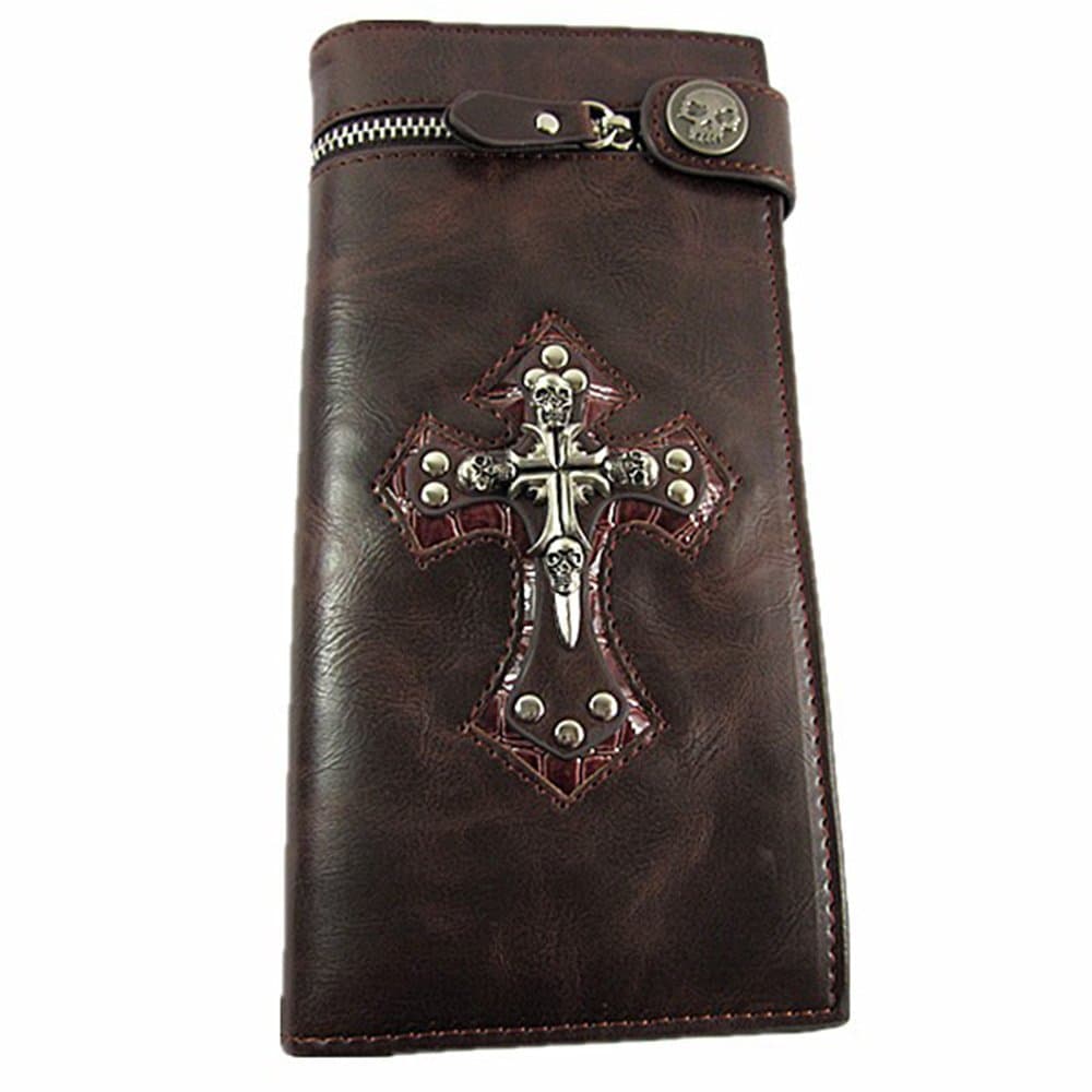Men's Skull Cross Brown Leather Long Wallet Rocker Biker Trucker Long Purse