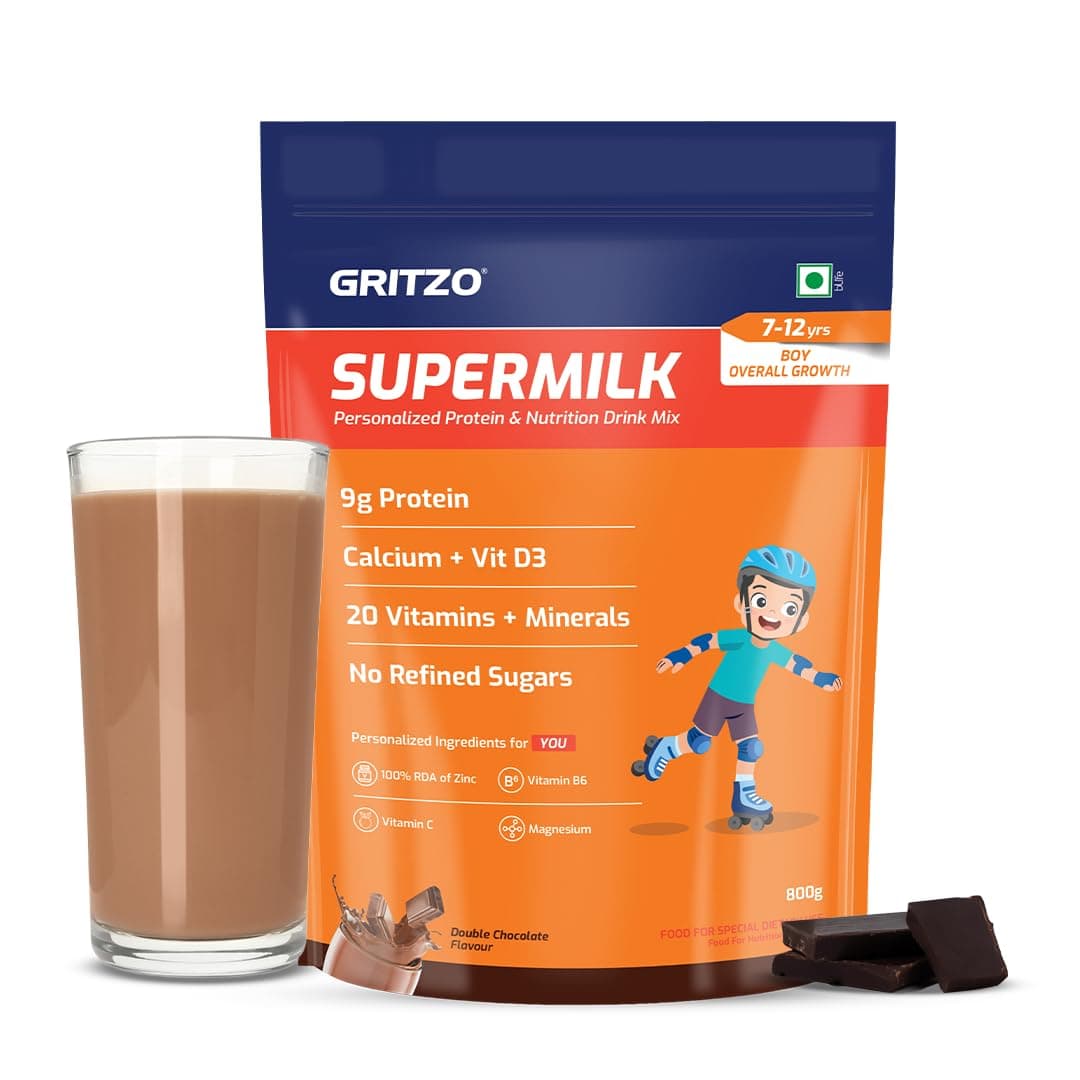 Gritzo Supermilk Daily Nutrition Powder (8-12Y Young Athlete)-Double Chocolate, 1Kg|9G Protein With Zero Refined Sugar