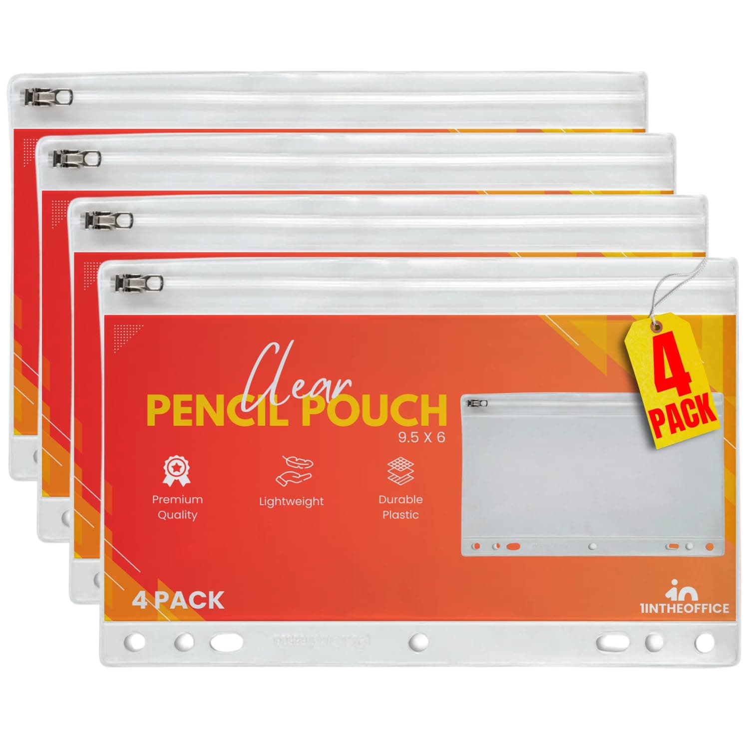 1InTheOffice Clear Pencil Pouch For 3 Ring Binder, Ring Binder Pockets with Zipper, Vinyl, 4 Pack
