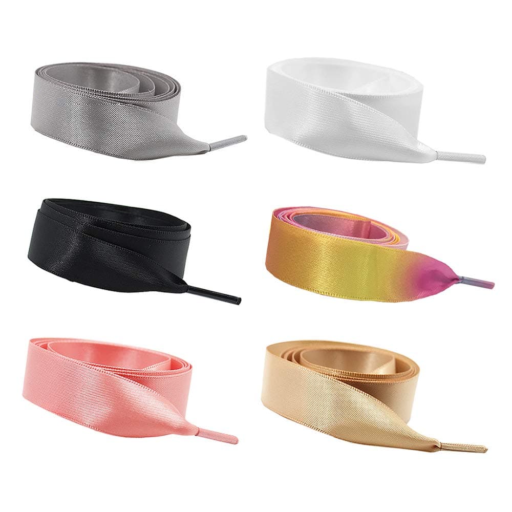 6 Pair Silk Ribbon Shoelaces Fashion Sneakers Shoe Laces Flat Shoestring Lace Satin Ribbon for DIY Shoes Decoration 1.2M – Black/White/Turmeric/Coral Pink/Silver Gray/Rainbow Pink