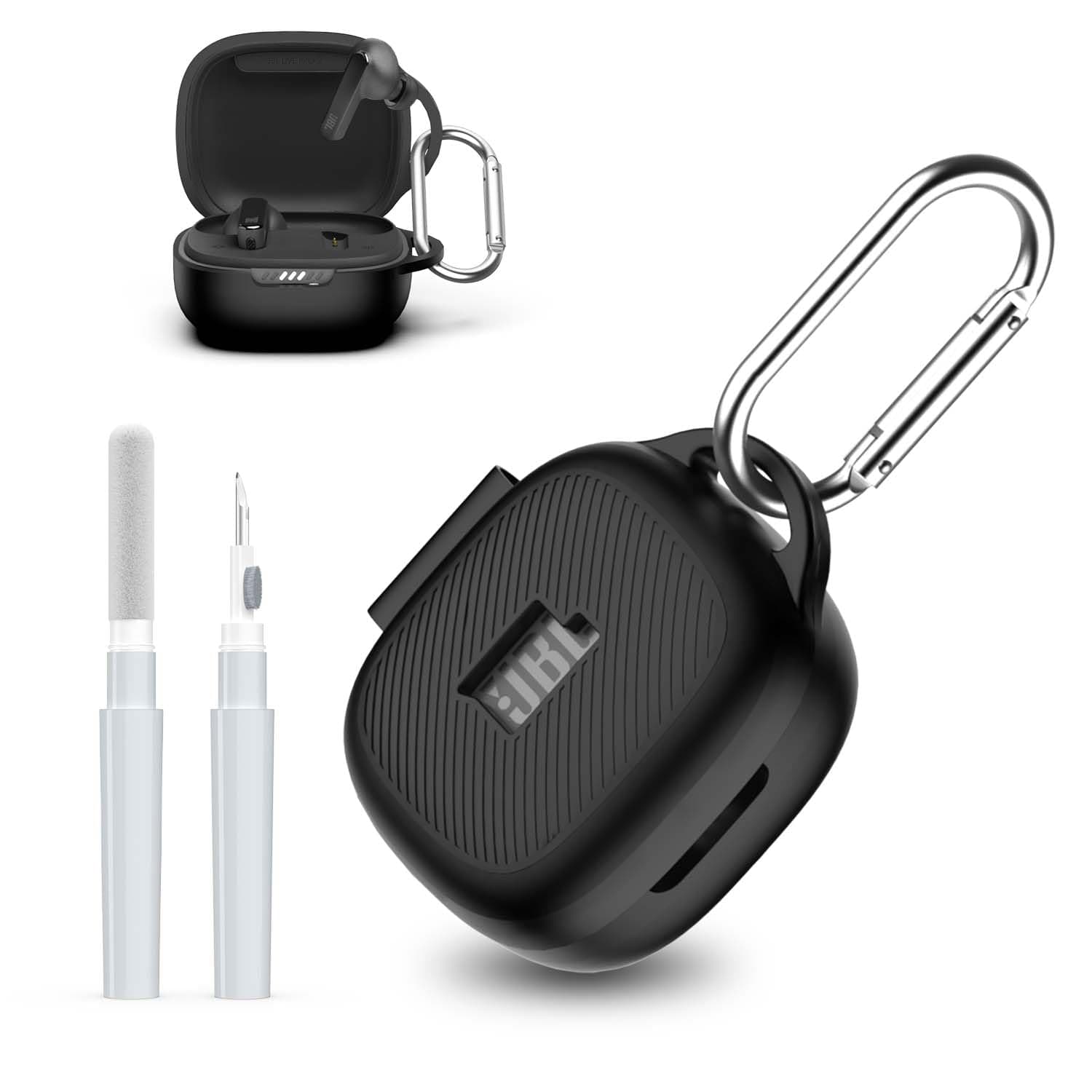 [3 in 1] for JBL Live Pro 2 Case Cover with Cleaner kit, Logo Visible Design Scratch Resistant Shockproof Silicone Protective Cover for JBL Live Pro 2 Earbuds with Carabiner-Black
