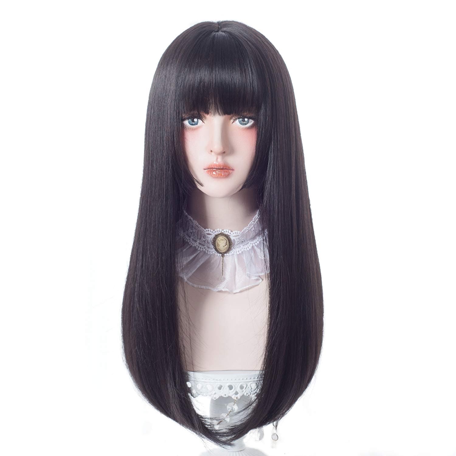 aiyaya Lolita Cosplay Wig with Bangs - Straight Synthetic Wig For Women Cosplay Costume, Natural Hair Lolita Wig with Wig Cap (Black (long wig))