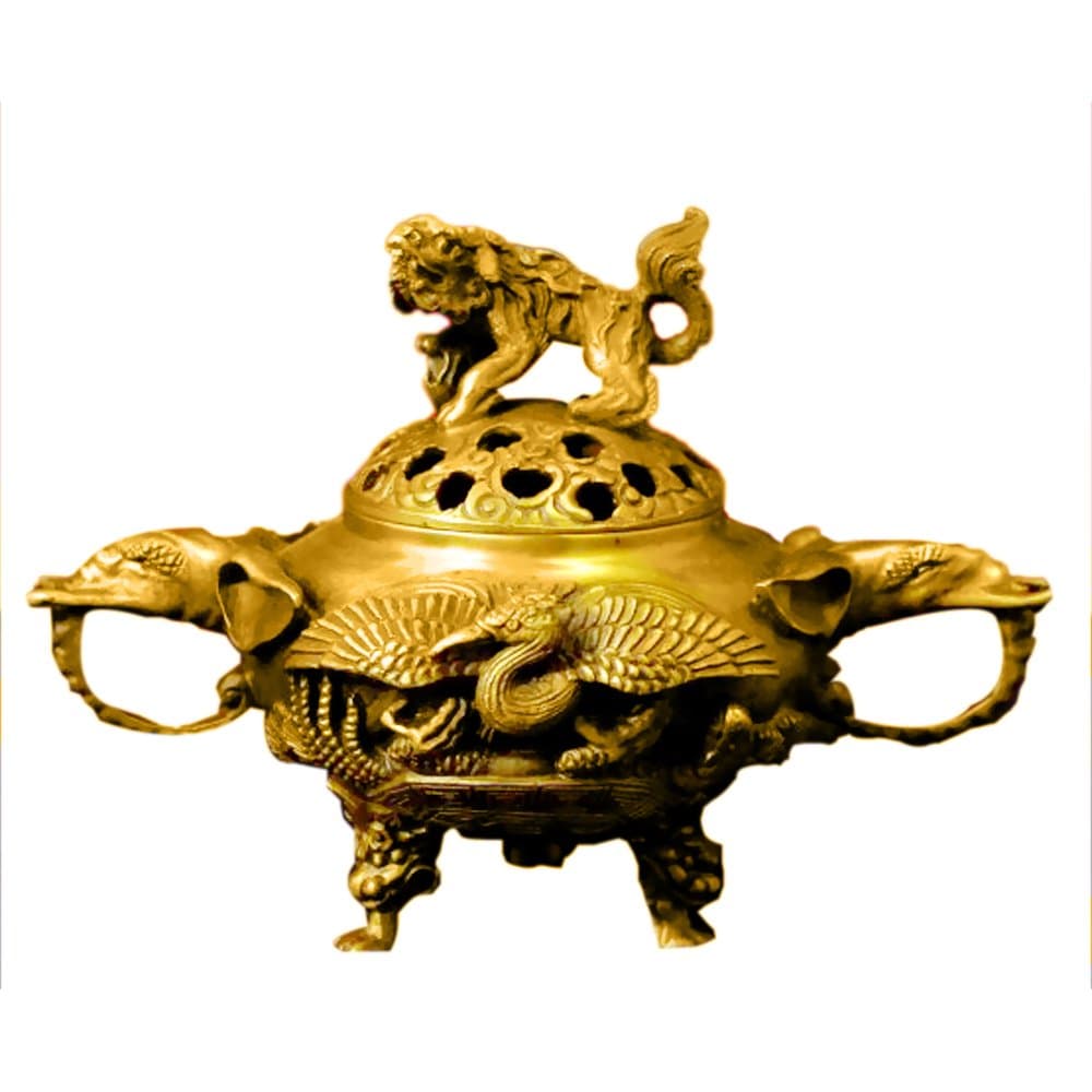 6" Bronze Chinese Dragon Lion Elephant Crane Turtle Incense Burner