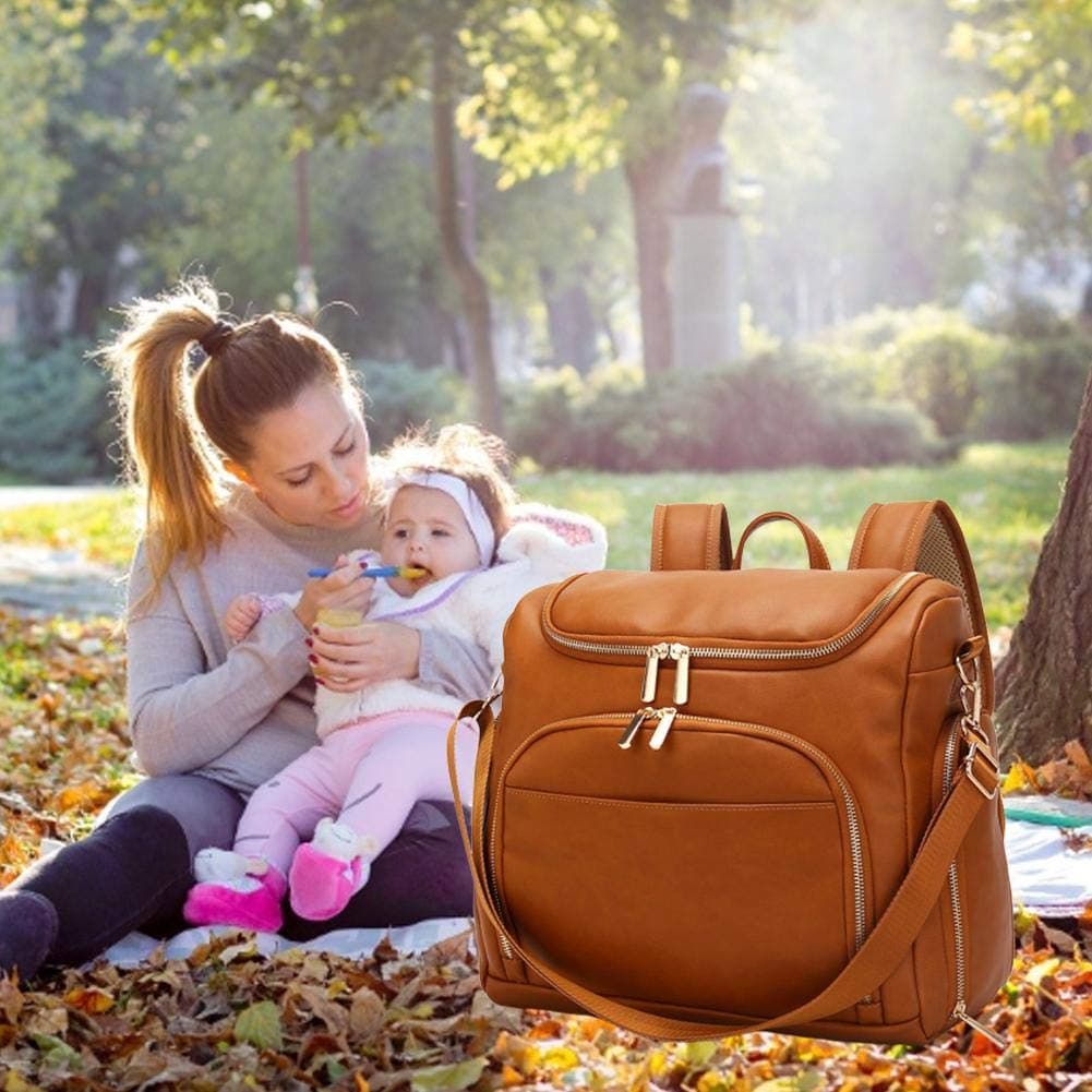 Depruies Leather Diaper Bag Backpack, Diaper Bag with Changing Pad, Diaper Bag Organizer,Stroller Straps and Insulated Pockets (Brown)