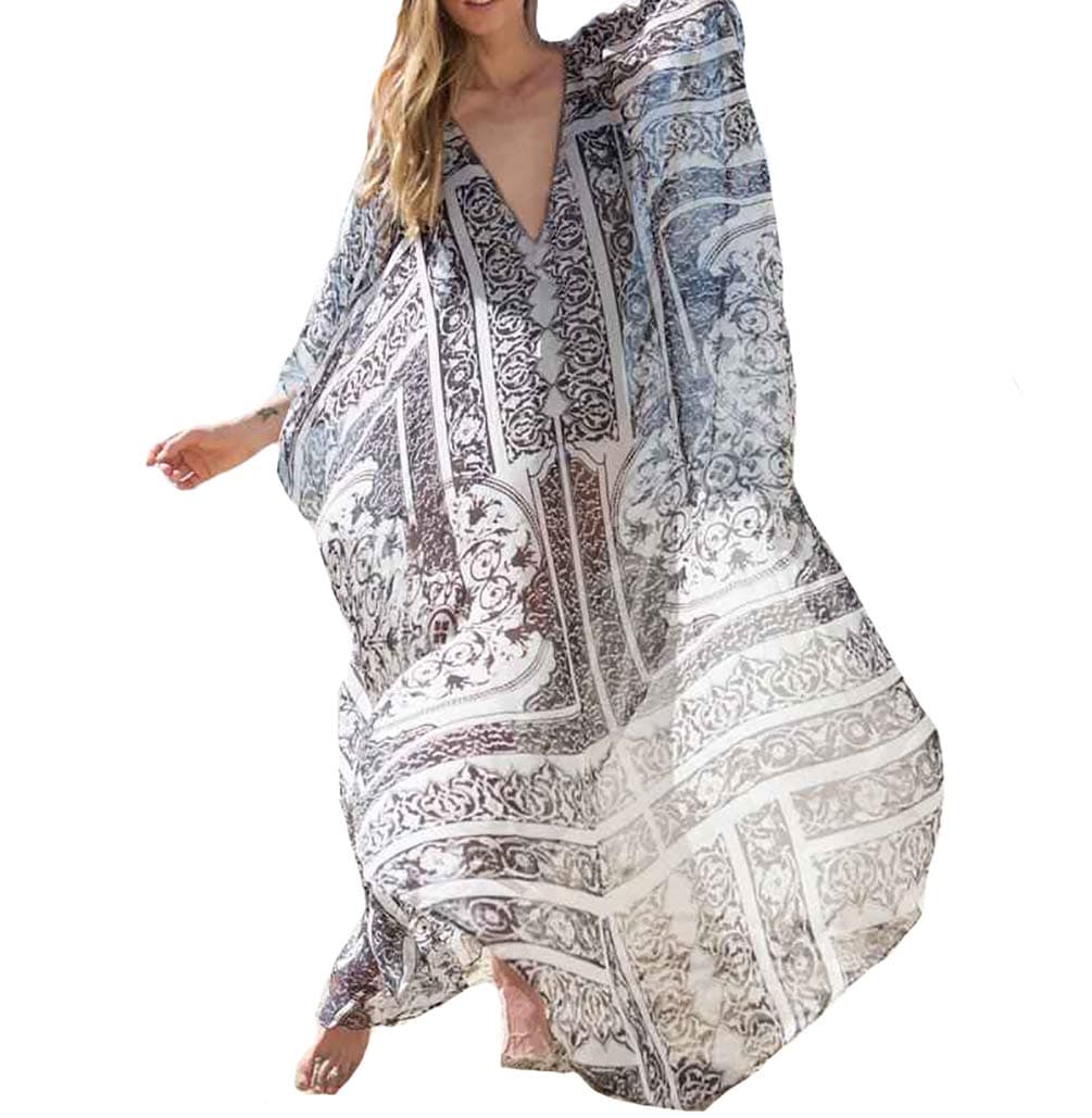Women's Semi-Sheer Chiffon Long Caftan Lounger Printed Kaftan Dress Bathing Suit Bikini Swimsuit Cover Up Swimwear (Printed B)