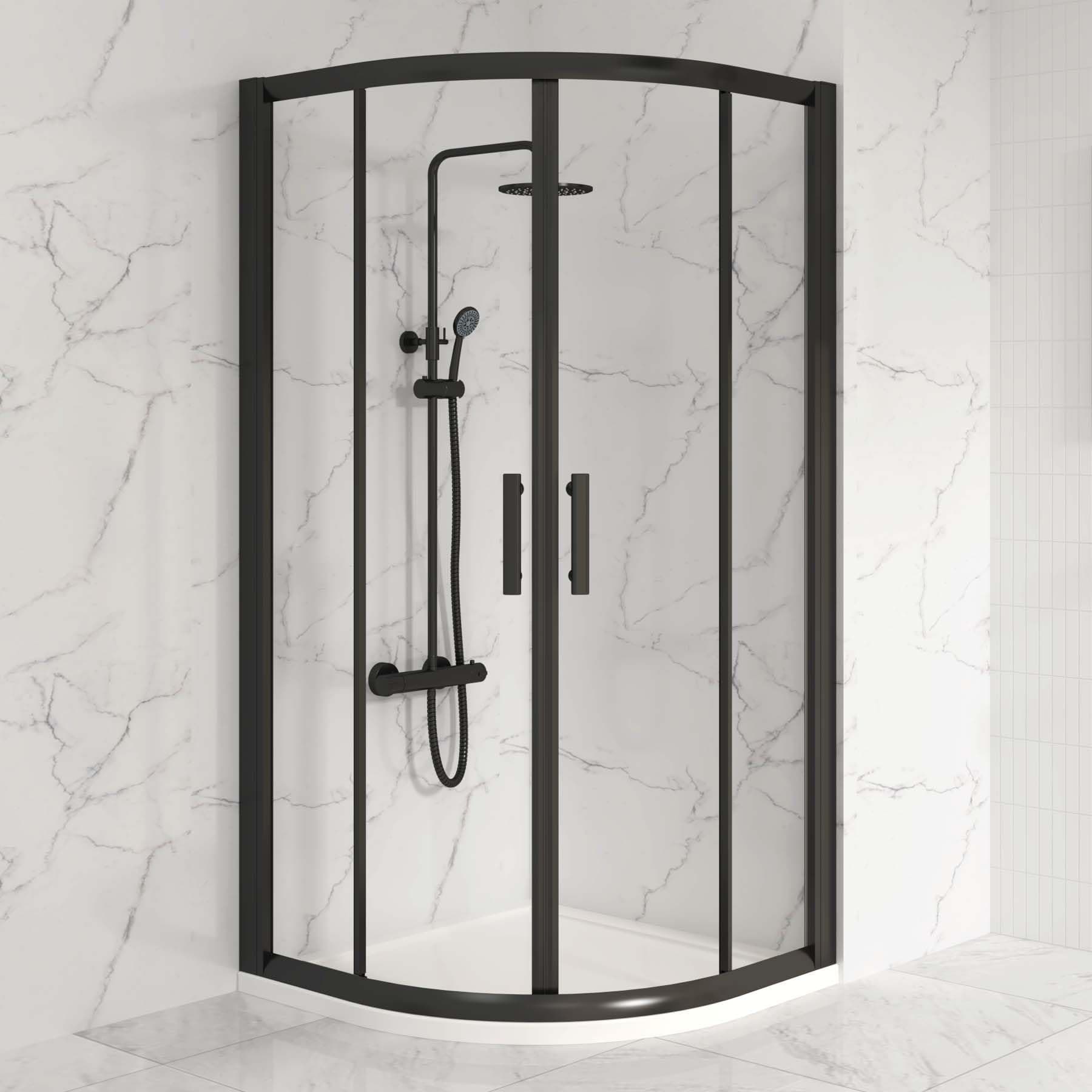 Milan 760 x 760mm Matt Black Quadrant Shower Enclosure Walk in Corner Cubicle Screen Double Sliding Doors 6mm Safety Tempered Glass