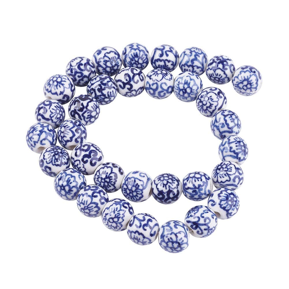 CHGCRAFT 20pcs 11-13mm Handmade Porcelain Beads Round with Flower Shaped Charm MediumBlue Color Spacer Beads Loose Beads for Bracelet DIY Jewelry Making