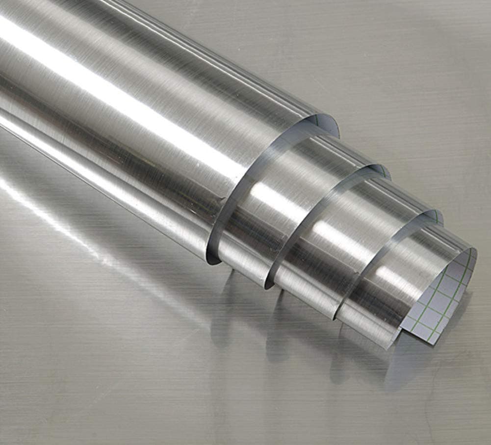 Self Adhesive Brushed Metal Look Film Vinyl Waterproof Anti Greasy Counter Top Peel Stick Metallic Gloss Shelf Liner for Kitchen Cabinet 15.6inch by 79inch (Silver)